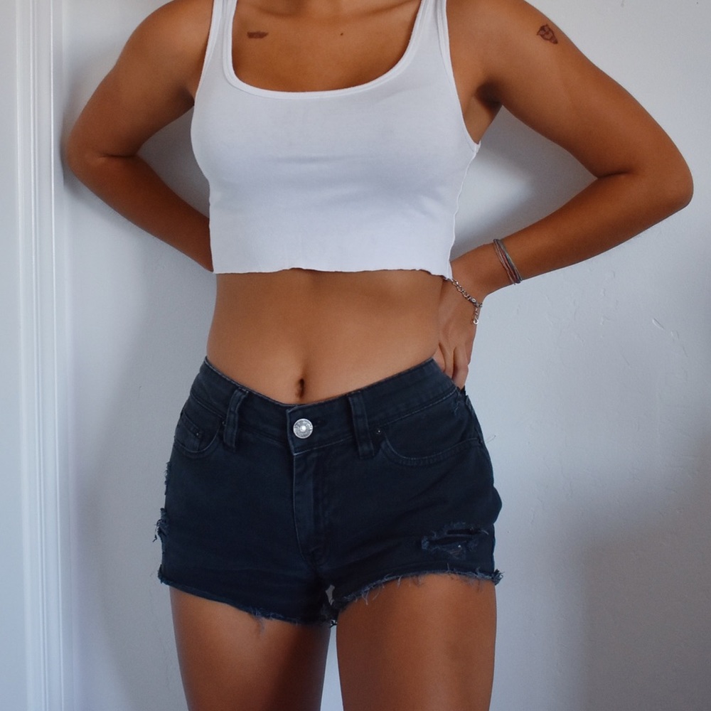 Distressed Black Dark Wash Denim Shorts